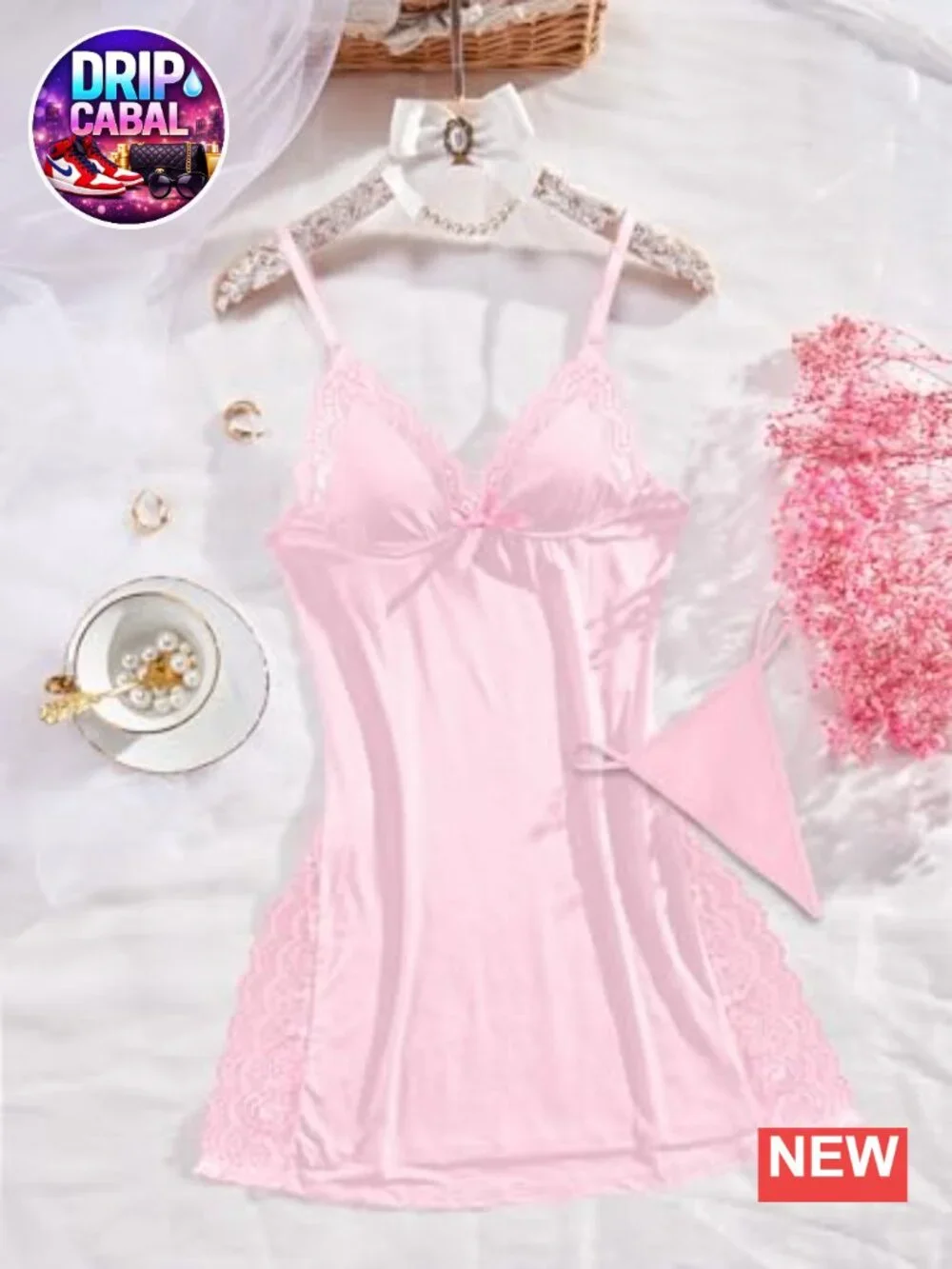 Lace Trim Babydoll Dress Set with Thong - 2 Piece Sleepwear